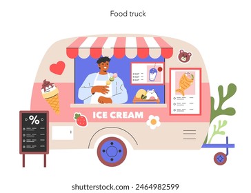 Whimsical Ice Cream Truck scene A cheerful vendor serves frozen delights in a pastel-colored mobile shop, bringing sweet joy to the community Vector illustration