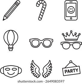 Whimsical Iconography A Collection of Playful and Celebratory Graphics Featuring Stationery Sweets and Festive Party Elements for Creative Designs