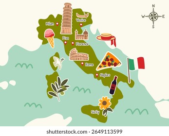 Whimsical Illustrated Map of Italy with Iconic Landmarks and Food for Travel Poster, Educational Decor, or Children’s Wall Art