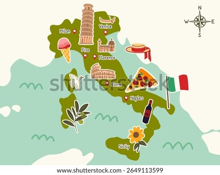 Whimsical Illustrated Map of Italy with Iconic Landmarks and Food for Travel Poster, Educational Decor, or Children’s Wall Art