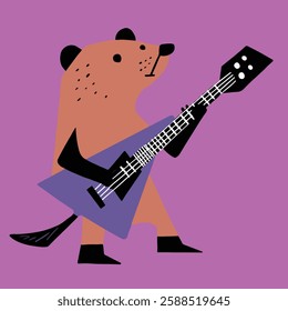 A whimsical illustration of a bear-like character playing an electric guitar.