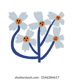 A whimsical illustration of blue flowers with brown centers on dark blue stems, set against a clean white background. Perfect for decorative, artistic, or creative projects