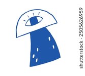 A whimsical illustration of a blue mushroom with a stylized eye, beaming light on a white background, evoking creativity and imagination