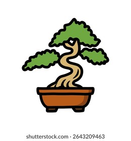 A whimsical illustration of a bonsai tree, featuring a stylized, twisting trunk and lush green foliage, all contained within a simple brown pot.