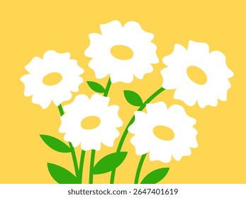 A whimsical illustration of a bouquet of white daisy flowers on a vibrant yellow background, celebrating nature's simple beauty with a playful touch