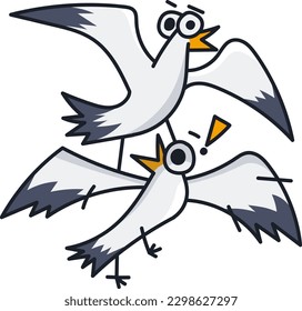 Whimsical illustration captures a funny and cute moment of a startled seagull in flight while another seagull stands on its back, defying gravity in a playful and amusing way.
