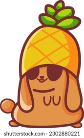 Whimsical illustration captures the playful spirit of a little brown rabbit as it indulges in a sweet pineapple treat and decides to wear the leftover fruit as a fun headpiece.