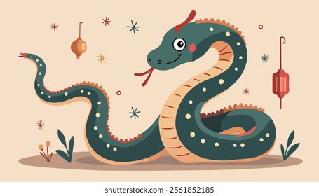 A whimsical illustration of a cartoon snake with a friendly expression, featuring vibrant colors and playful elements. 