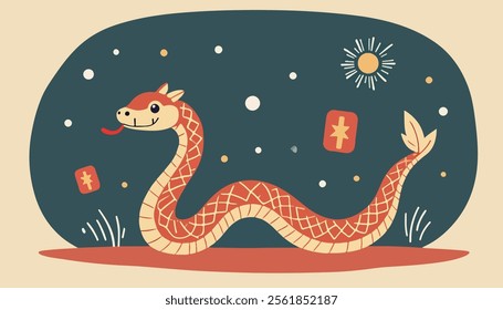 A whimsical illustration of a cartoon snake with a friendly expression, featuring vibrant colors and playful elements. 