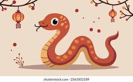 A whimsical illustration of a cartoon snake with a friendly expression, featuring vibrant colors and playful elements. 