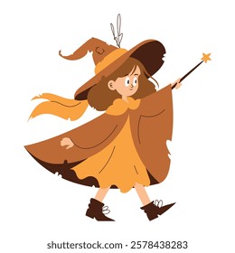 A whimsical illustration of a cartoon witch girl walking confidently, wearing a hat and cloak, holding a magical wand.