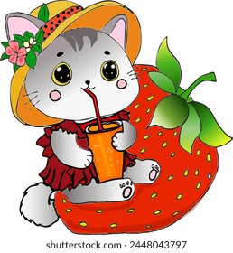 ilustración caprichosa de un gatito gris encantador con un sombrero y un vestido rojo con volantes, sentado en una fresa gigante.  