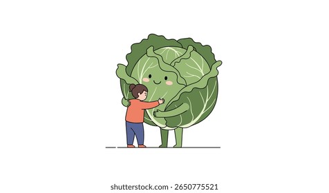 Whimsical illustration of a child embracing a friendly cabbage character