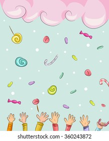 Whimsical Illustration of Children Catching Candies Falling from the Sky