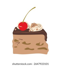 Whimsical illustration of a chocolate cake topped with cream and cherries, perfect for adding a sweet touch to any project or design.
