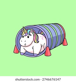 A whimsical illustration of a chubby unicorn emerging from a colorful play tunnel, surrounded by small orange cones.