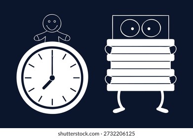 Ilustración caprichosa de un reloj y pila de libros con una figura Pequeña, perfecto para historias infantiles o materiales educativos