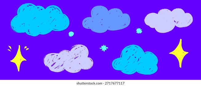 Una ilustración caprichosa de formas de nube con Gradientes pastel y textura de crayón audaz, brillando con motivos de estrellas Pequeñas. Los colores pastel, las Formas de nubes, las líneas de crayón y los detalles de estrellas crean un estilo de garabato suave.