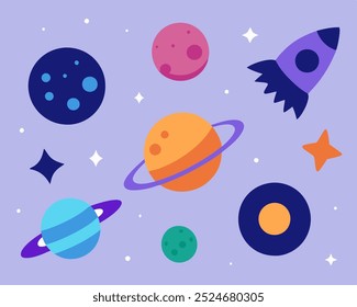 A whimsical illustration of a cosmic scene featuring planets, stars, and a rocket. Perfect for adding a touch of space magic to your designs.  This vibrant and playful graphic is ideal for products.