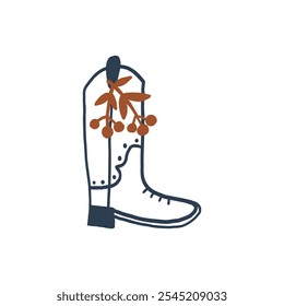 A whimsical illustration of a cowboy boot with branches and berries, capturing a rustic and festive spirit. Perfect for country-themed designs, decorations, and holiday greetings