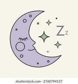 A whimsical illustration of a crescent moon with a face sleeping peacefully amidst twinkling stars and the Zzz symbol, evoking a sense of calm and slumber