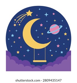 Whimsical illustration of crescent moon on swing under starry night sky with planet and clouds, evoking a dreamy and magical atmosphere.