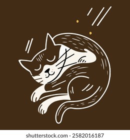 A whimsical illustration of a curled-up cat sleeping peacefully. The cat features a brown and white color scheme with simple, flowing lines, set against a warm brown background. 