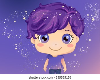 Whimsical Illustration of a Cute Little Boy Standing Against a Purple Background Decorated with Sparkly Stars and Bubbles
