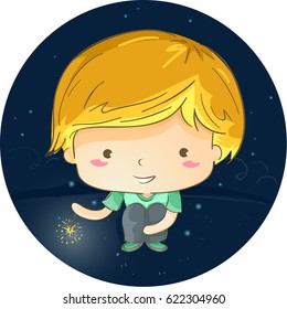 Whimsical Illustration of a Cute Little Boy Smiling Happily as He Plays With a Sparkler