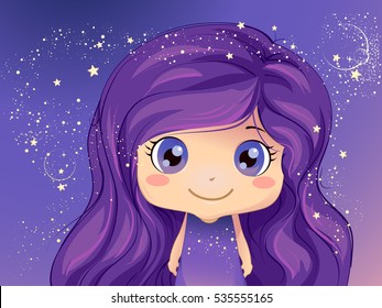 Whimsical Illustration of a Cute Little Girl Standing Against a Purple Background Decorated with Sparkly Stars and Bubbles