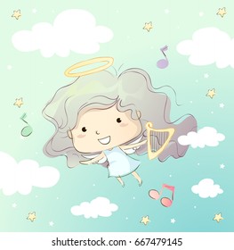 Whimsical Illustration of a Cute Little Girl Dressed Like an Angel Carrying a Harp