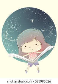 Whimsical Illustration of a Cute Little Kid Reading a Storybook in Outer Space