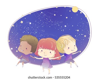 Whimsical Illustration of Cute Little Kids in Indigo Clothing Stargazing Together