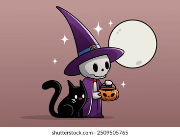 Whimsical illustration of a cute skeleton character with a purple witch hat, holding a pumpkin basket, accompanied by a black cat under a full moon and twinkling stars