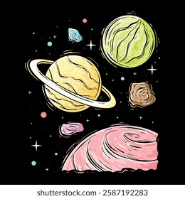 A whimsical illustration depicting several pastel colored planets asteroids and stars in space.