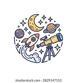 A whimsical illustration depicting space exploration with a rocket ship, telescope, moon, planets, and stars.