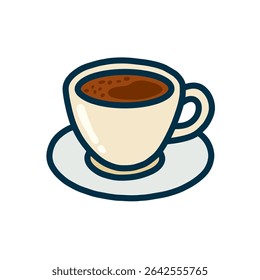 A whimsical illustration depicts a coffee cup and saucer, rendered in a hand-drawn style with bold outlines and muted colors.