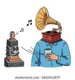 A whimsical illustration depicts a person with a gramophone for a head listening to a singing bust on a pedestal.  The scene is surreal and playful.