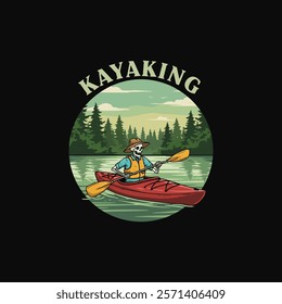 A whimsical illustration depicts a skeleton in a life vest kayaking on a calm lake surrounded by a lush forest.