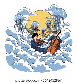 A whimsical illustration depicts three musicians playing string instruments amidst fluffy clouds and jellyfish, set against a bright yellow sun.