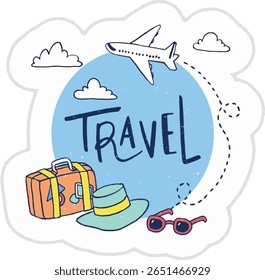 A whimsical illustration depicts travel essentials against a light blue sky with cartoonish clouds. A white airplane with dark blue accents is flying, leaving a dotted line trail.