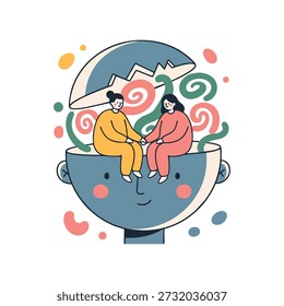 Uma ilustração caprichosa retrata duas figuras sentadas juntas dentro de uma cabeça humana aberta, de mãos dadas, simbolizando pensamentos compartilhados, apoio emocional, empatia e bem-estar mental positivo.