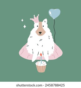 In a whimsical illustration, a dog wearing a crown sits beside a cupcake and a balloon. Vector illustration, greeting card with dog for birthday wishes