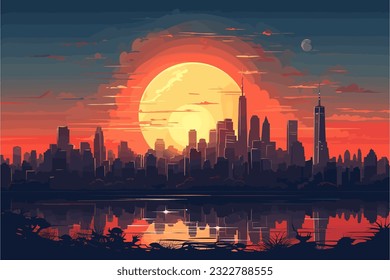 A whimsical illustration of a dreamy sunset over a city skyline