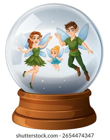 Whimsical illustration of a fairy family inside a snow globe, featuring vibrant colors and playful composition
