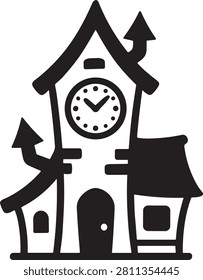 Whimsical illustration of a fantasy clock tower house with multiple roofs and arrows.
