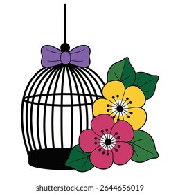 A whimsical illustration features a black birdcage with a purple bow, accompanied by yellow and pink flowers with green leaves. The style is simple and flat.