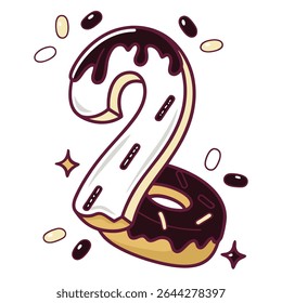 A whimsical illustration features a cartoon number two crafted from a doughnut, adorned with frosting and sprinkles; stars and bean shape candies surround it on a transparent base.
