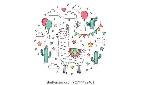 Whimsical illustration features a cute llama surrounded by cacti clouds balloons and stars in a playful circular composition.