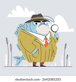 A whimsical illustration features a fish dressed as a detective, complete with hat, coat, and magnifying glass. Clouds and reeds enhance the playful atmosphere.